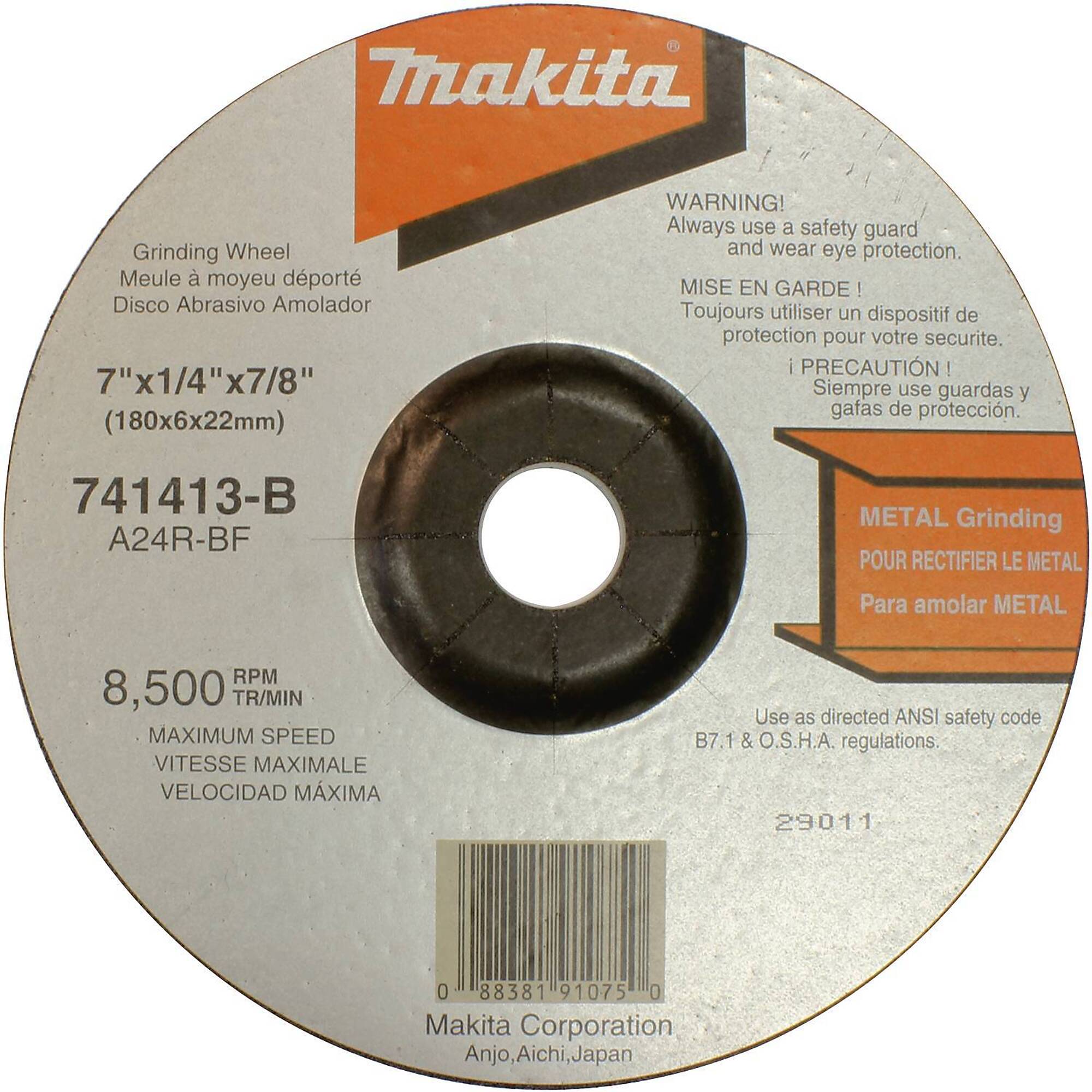 Makita® 7" x 7/8" x 1/4" Grinding Wheel, 24 Grit, General Purpose Metal, 10/pk, Model# 741413-B-10